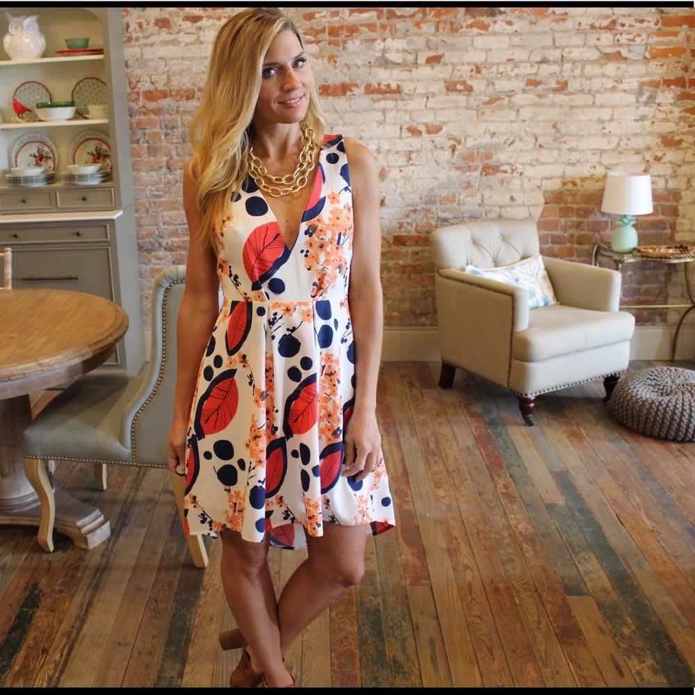 open back printed V neck dress